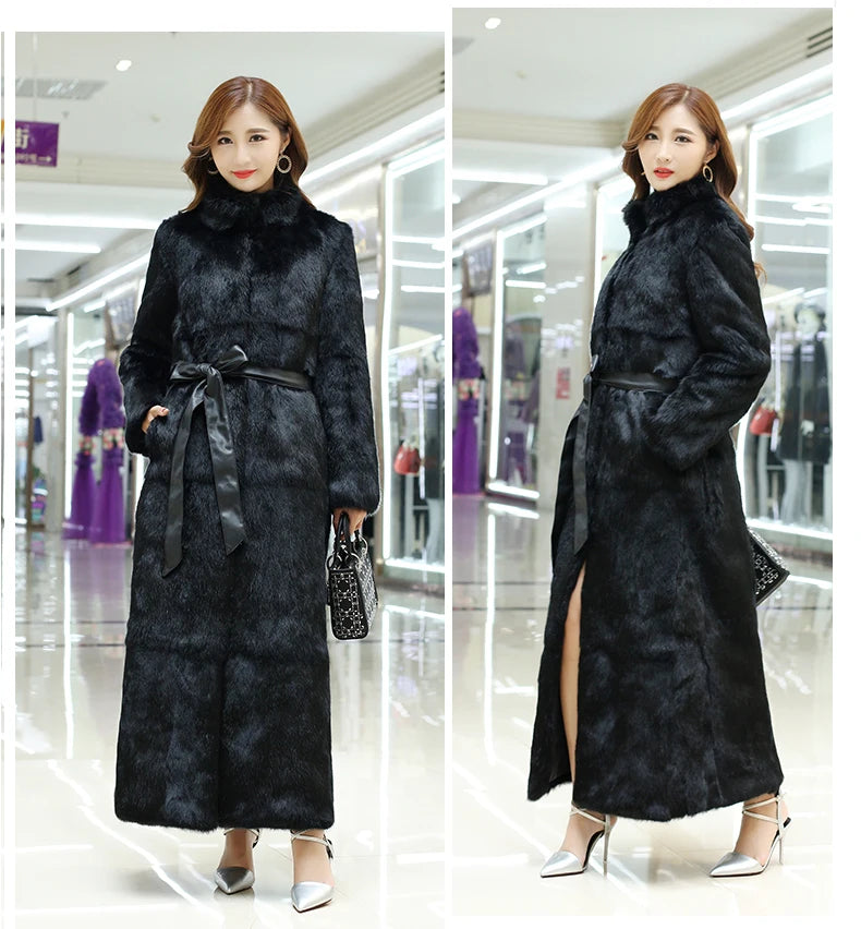 New Real genuine natural rabbit fur coat women's stand collar X-long fashion fur jacket outwear custom any size