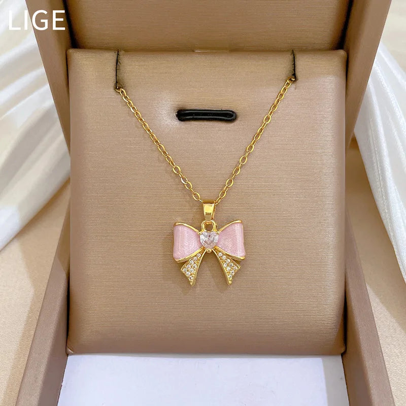 Drip Oil Bow Light Luxury Temperament Gorgeous Full Diamond Necklace Women's Versatile Collarbone Chain Titanium Steel Chain
