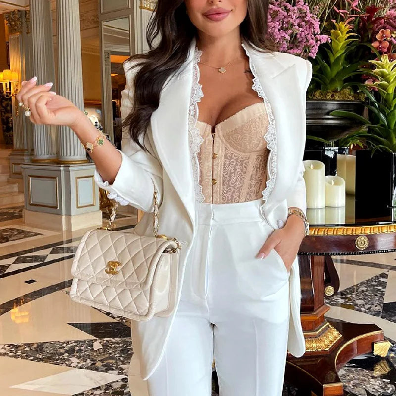 European and American Fashion Versatile Pure Lace Suit Two Pieces of Slim Fashion Women Blazer Pant Set