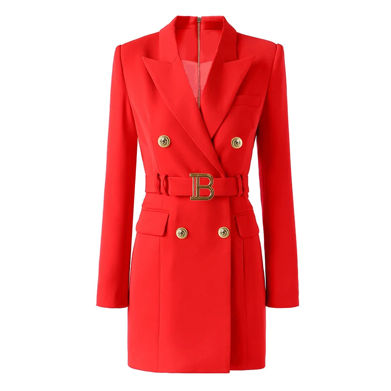 Quality Women Red Blazer Dress With Belt Double Breasted Buttons Chic for Party
