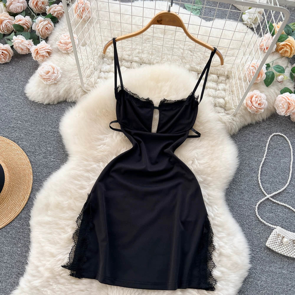 Summer Sexy Slit Hip Midi Dress For Women Empire Hollow Out Backless Lace Dress