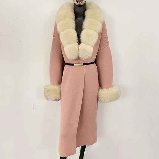Long Knitwear Coat Women Warm Belt Real Fox Fur Jacket Female 2024 New Autumn Winter Kintted Natural Fur Coat Women