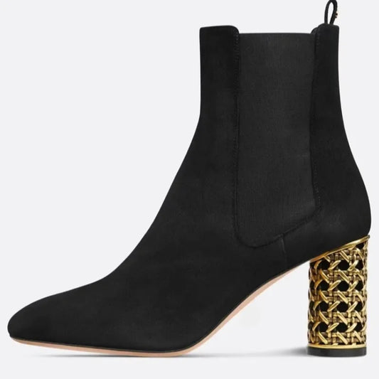 New Black Suede Personalized Hollow Out Heel Short Boots Autumn Winter Fashion Commuting Shopping Women's Ankle Boots Size 34-43