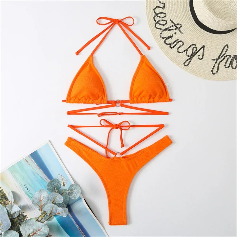 Micro String Extrem Bikini Orange Y2K Triangle Backless Swimsuit Toweling Rings Vacation Swimwear Women Push Up Beach Bath Suits