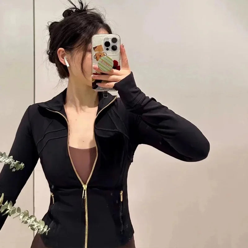 Light Blue Yoga Wear Women's Thin Outerwear 2025 New Shoulder Fit Waist Cinch Early Autumn Fishbone Sports Top