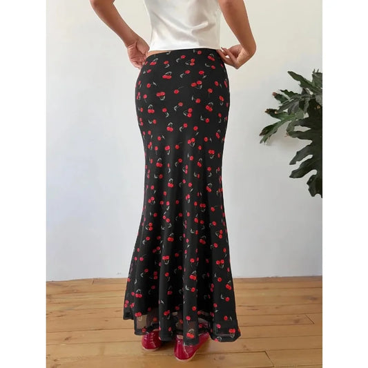 Summer Fashion Long Skirts for Women's Cherry Print High Waist Contrast Patchwork Slim Elegant Sexy Slim Ladies Y2k Maxi Skirt
