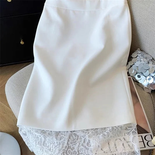 Autumn New Sexy Women's Slim Temperament Bag Hip Skirt Elegant Lace Patchwork Office Lady Midi Skirt Fashion Split Jupe 432P
