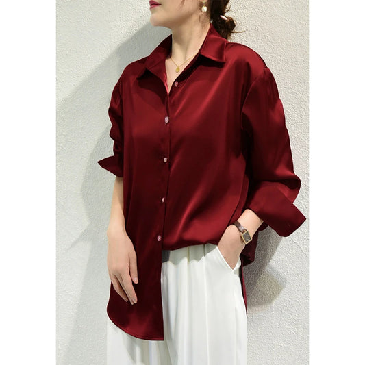 Luxury Satin Finish Shirts And Blouses For Women Clothes Casual Top OL Long Sleeve Single Breasted Elegant French Solid Blouses