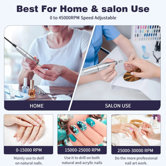 Cordless Electric Nail Drill 45000RPM - Rechargeable Professional Manicure/Pedicure Kit for Home Salon, Portable Nail Grinder