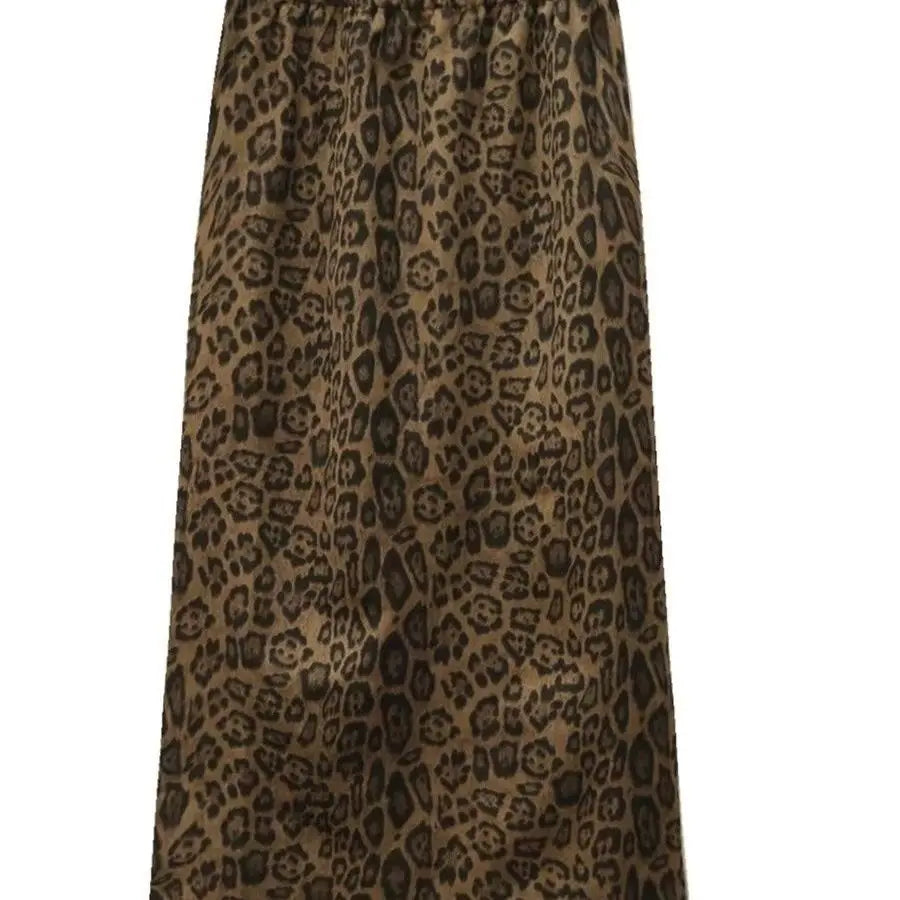Leopard Print Midi Skirt for Women in Autumn and Winter Mid to Long, Elastic Waisted Retro Skirt All Match Long Skirt