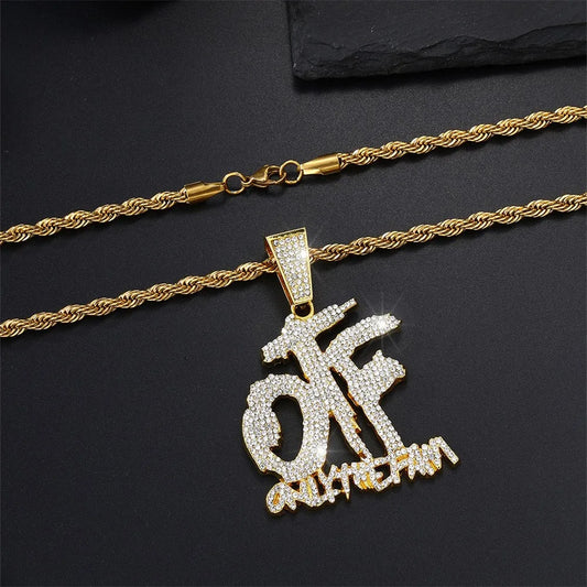 Luxurious Ice Letter Otf Letter Pendant Necklace for Men and Women Fashion Rock Party Birthday Jewelry Gift