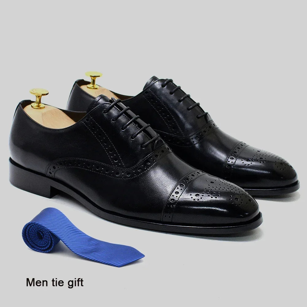 Italian Mens Dress Shoes Genuine Leather Cap Toe Oxfords Lace-up Black Brown Wedding Business Office Brogue Formal Shoes for Men