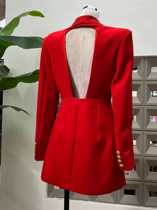 2025 autumn women's new fashion temperament deep V-neck heavy industry beading stitching design sense backless women's suit jack