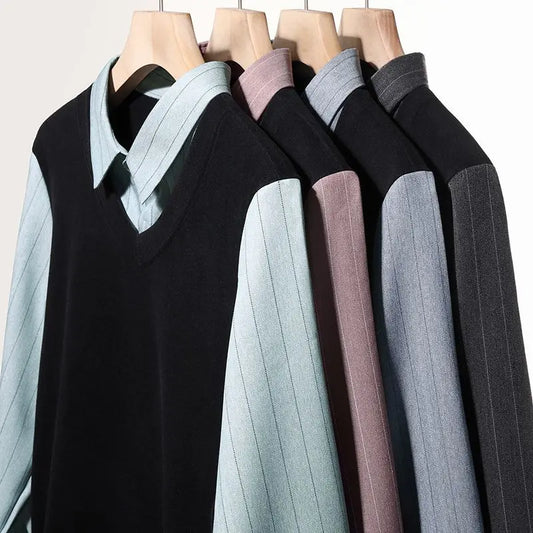 Fake Two Pieces Men Polo Shirts Turn-down Collar Striped Patchwork Business Casual Thermal Long Sleeve Comfortable Knitted Tops