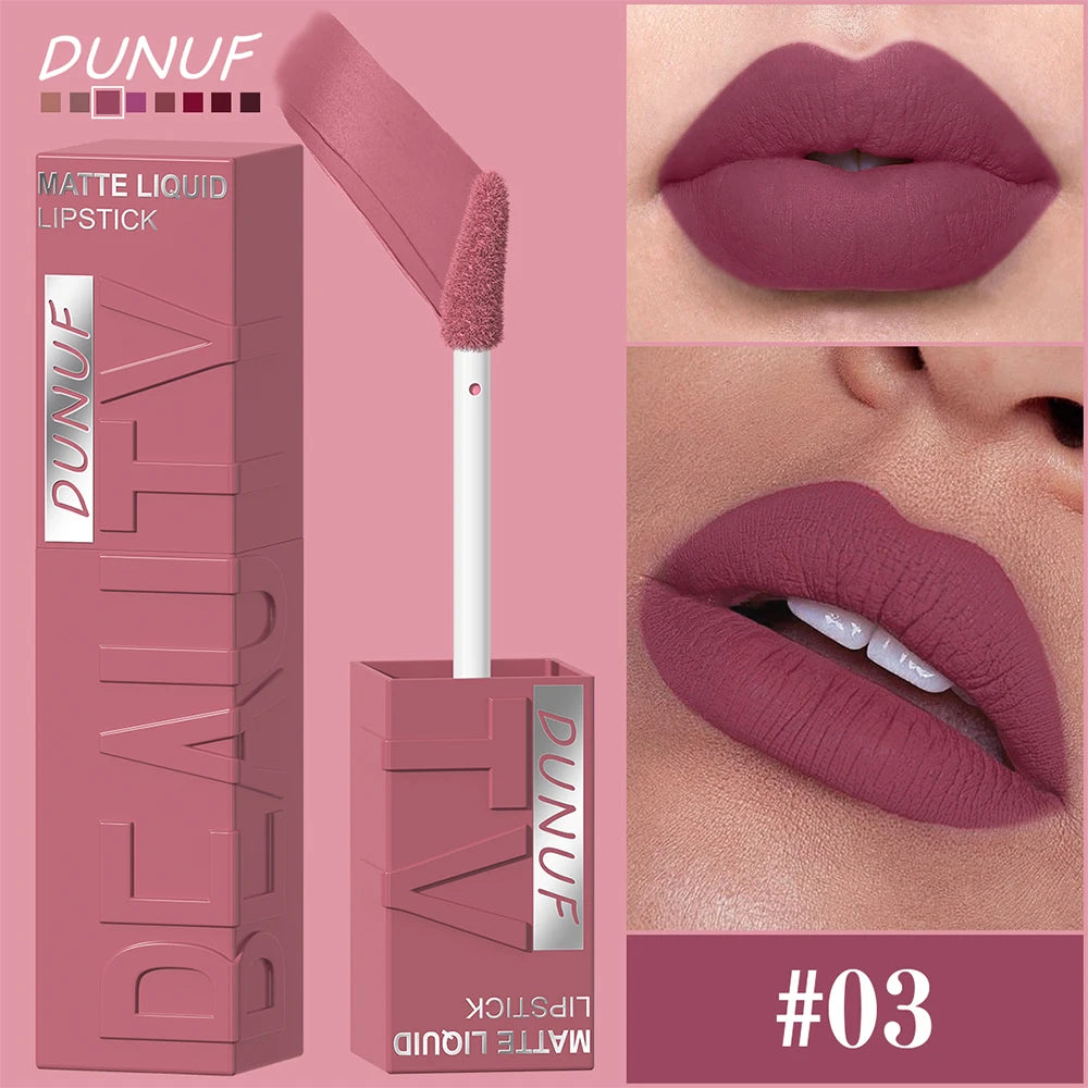 DUNUF 8-color matte velvet smooth easy-to-apply square tube lip gloss waterproof three-dimensional plumping lipstick