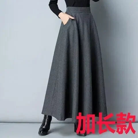 Autumn and Winter Solid Color Woolen Skirt Big Hem A- line Skirt High Waist Long Woman Skirts Mujer Faldas Saias Mulher