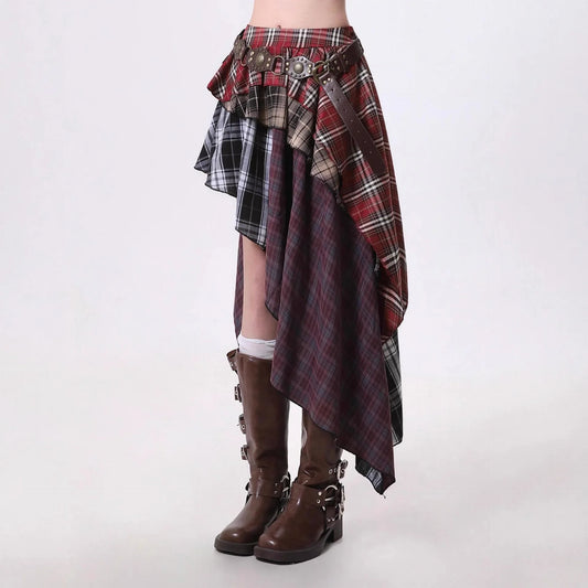 American Plaid Half Skirt Women's Spring Summer New Style Pleated Asymmetrical Color Block Short Skirt A- Line Polyester Fiber