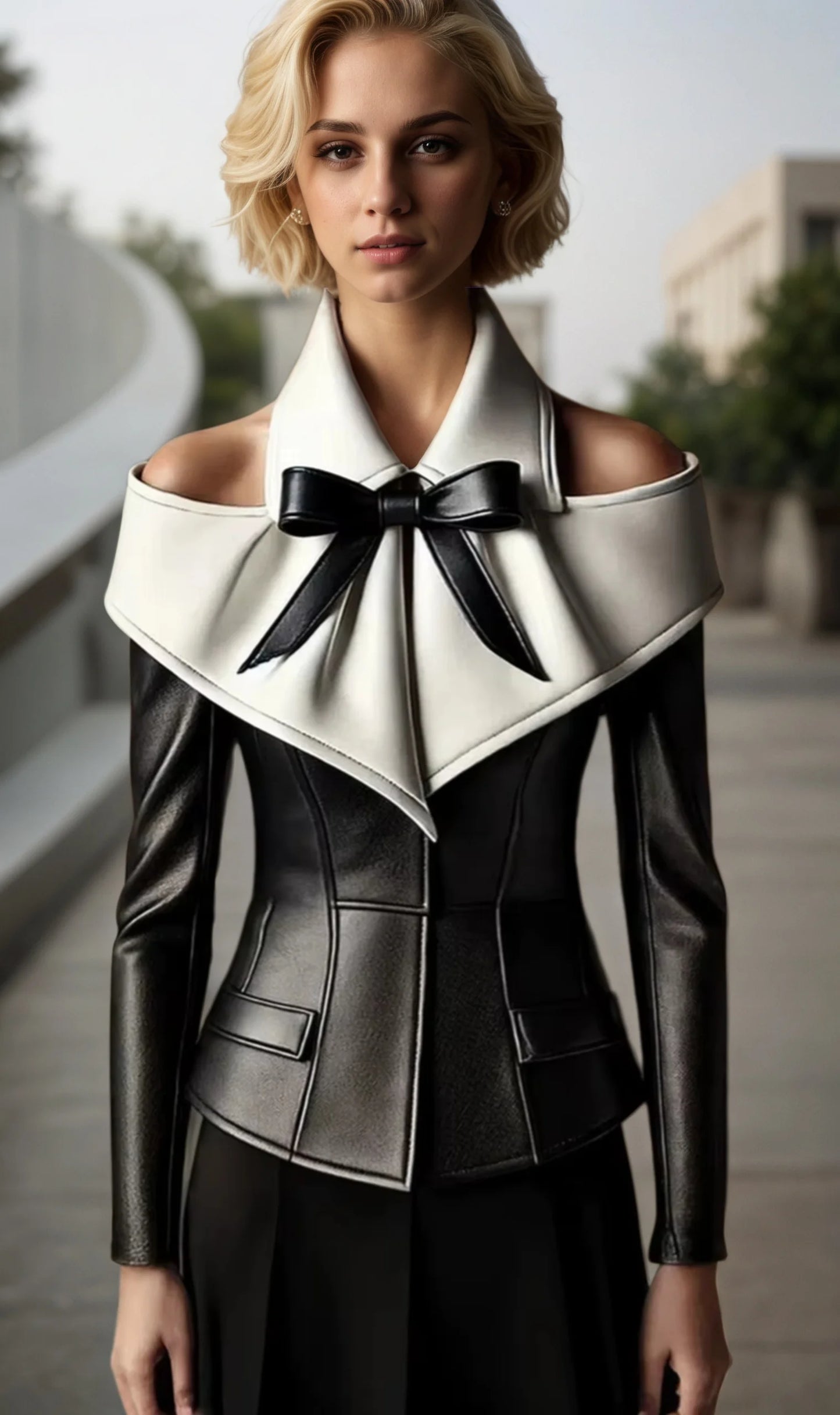 Faux Leather PU Tops Off the Shoulder Bow Turn Down Collar Patchwork Long Sleeve Slim Elegant PU Tee Tops for Women 2025