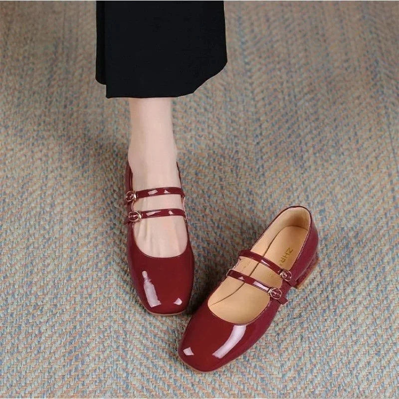 French Elegance Patent Leather Slip-On Mary Jane Shoes Retro Wine Red Buckle Strap Low Heel Thick Heel Single Shoes