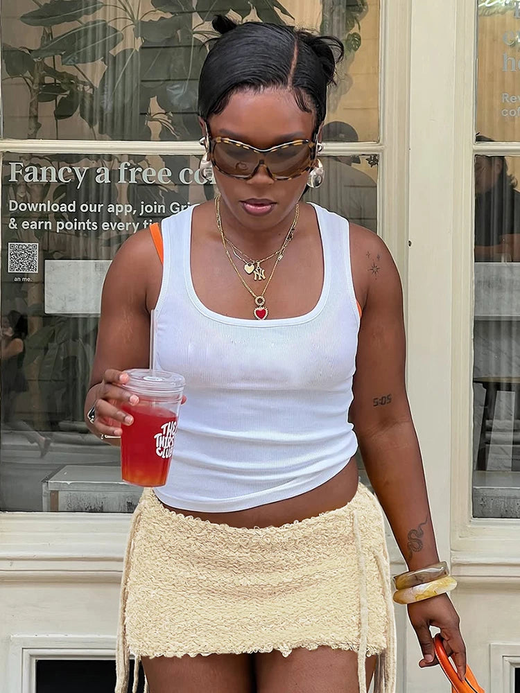 Weird Puss Sexy Furry Side Tassel Skirts Women Y2K Peach Hip Summer Solid Wild Basic Hipster Streetwear Skinny Slim Mini Bottom