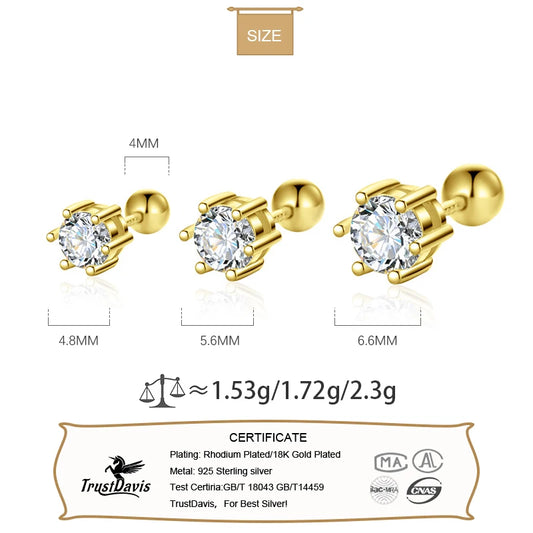 TrustDavis Real 925 Sterling Silver Six Claw Zircon CZ Screw Stud Earrings for Daughter Girls Gift Fine Jewelry DS3472