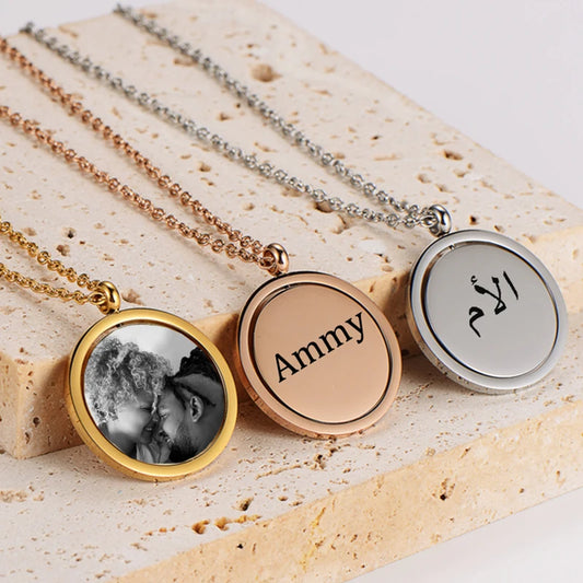 Auxauxme Custom Photo Rotatable Round Necklace for Women Men Stainless Steel Laser Engrave Name Logo Charm Pendant Jewelry Gift