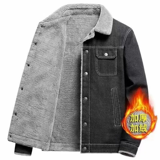 2025 Men's fleece denim jacket, autumn and winter warmth, casual, teen slim jacket