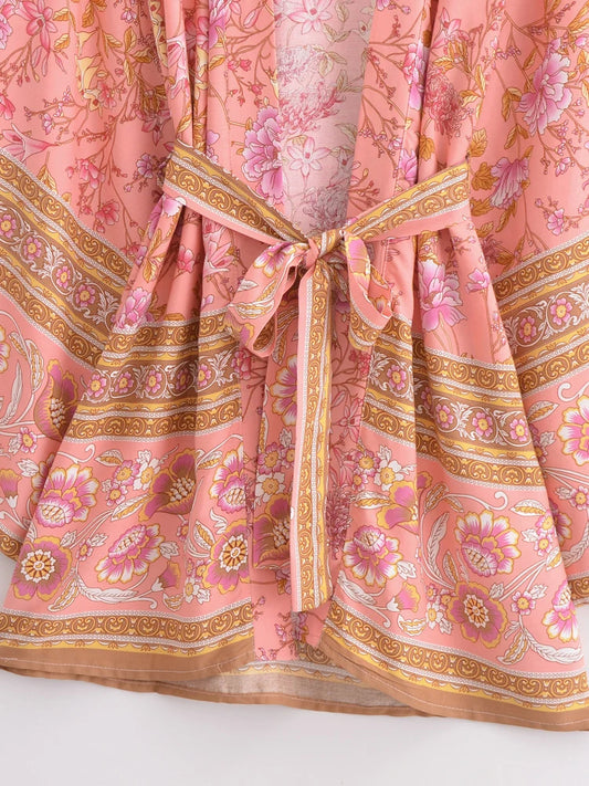 Boho Queens Multi Floral Print Sashes Short Kimono Women Bohemian V Neck Batwing Sleeves Rayon Robe Beach Bikini Cover-up