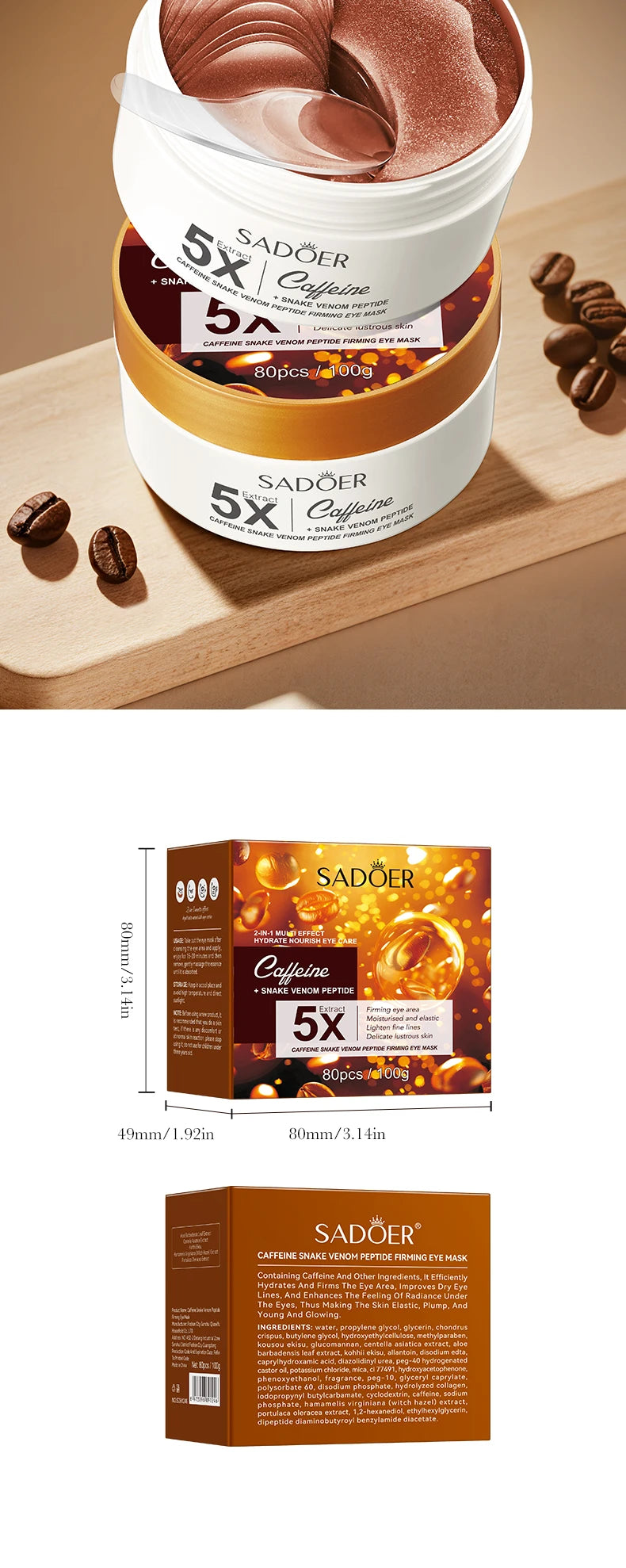 60pcs SADOER Caffeine Eye Mask Anti Dark Circles Firming Moisturizing Wrinkles Anti-aging Hydrating Seaweed Patches