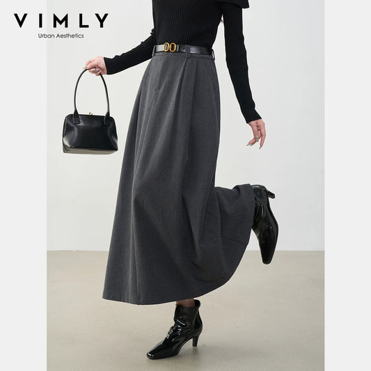 VIMLY Midi Women Skirt 2025 Autumn Office Lady Gray A-line Bud Elegant Ladies Skirt Zipper Loose Pockets Female Skirts A2202