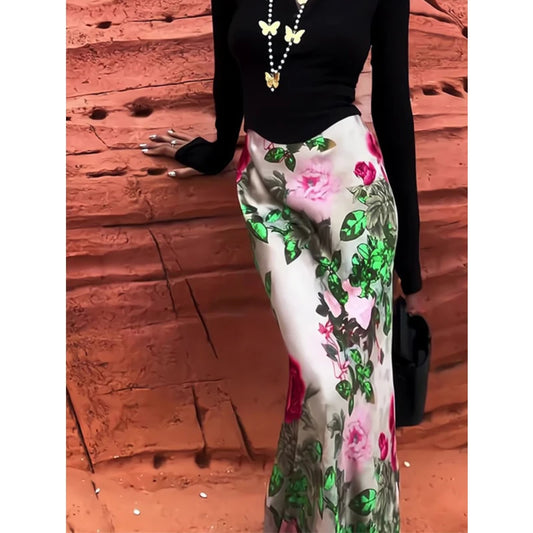 Women Clothing Stylish Vintage Satin Floral Print Luxury Chic Long Skirts Female Elegant High Waist Slim Party Maxi Skirt Faldas