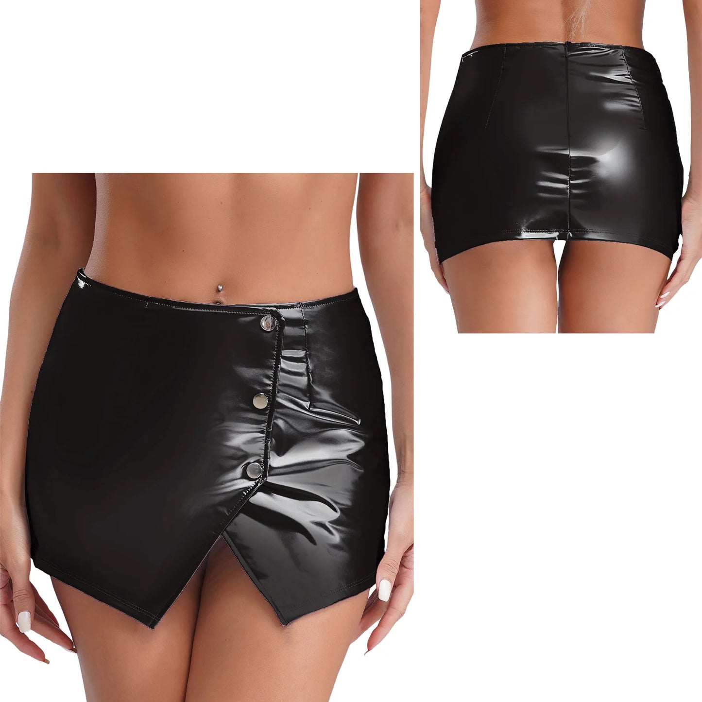 Womens Metallic Sexy Front Split Latex Mini Skirt Shiny Short Skirt Bar Clubwear Holographic Buttons Back Zipper Club Skirts
