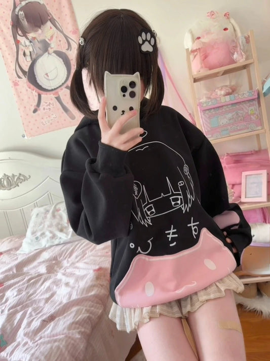 Japanese Cute Gothic Cat Ears Hooded Coat Vintage Printed Pockets Hoodie Streetwear Y2k Aesthetic Long Sleeve Sweatshirt Winter