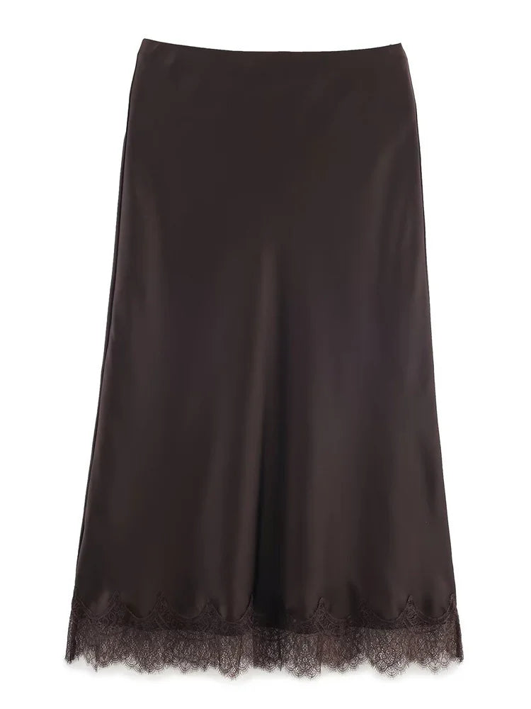 Tossy Fashion Autumn Lace Maxi Skirt For Women High Waist Slim Satin Elegant Commute Party Looks Female Printed Lace Long Skirt