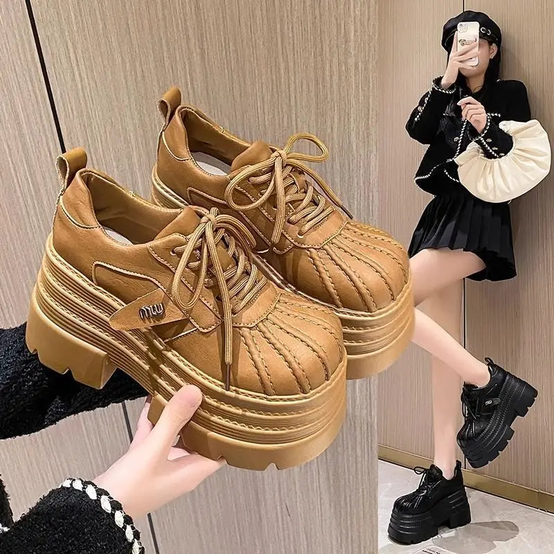 New 2025 Spring Women's Leather Sneakers High Platform Lace-up Casual Shoes Thick Sole 10CM Heels Walking Shoes