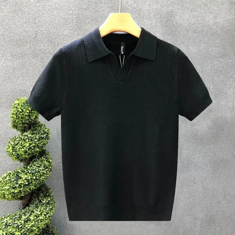 Casual Knitted Polo Shirt Men's Short Sleeve Cuban Collar T-Shirt Summer Fashion Individualistic Turn-down Collar Male Top