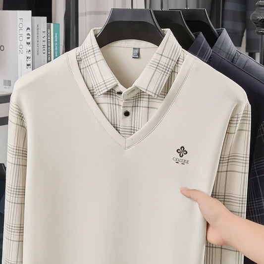 TFETTERS Long Sleeve Polo Shirt Men 2025 Autumn New Business Slim Fake Two Shirt Man Casual Loose Plaid Graphic Shirt for Men