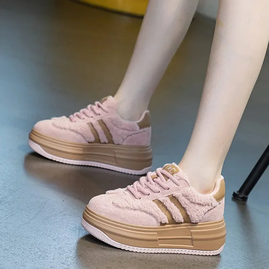 6CM Pink Natural Genuine Leather Fashion Breathable Casual Women's Shoes Platform Warm Plush Winter Autumn Comfy Ankle Booties