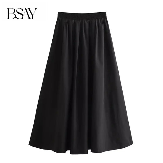 BSAY Women's Fashion Spring New Black Wide Pleated Swing Vintage Chic Female High Waist Elegant A-line Long Skirt Mujer