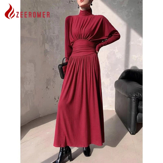2025 Vintage Elegant Stand Collar Solid Color Party Evening Dress Women's High End Puff Sleeve Folds High Waist Slim Long Dress