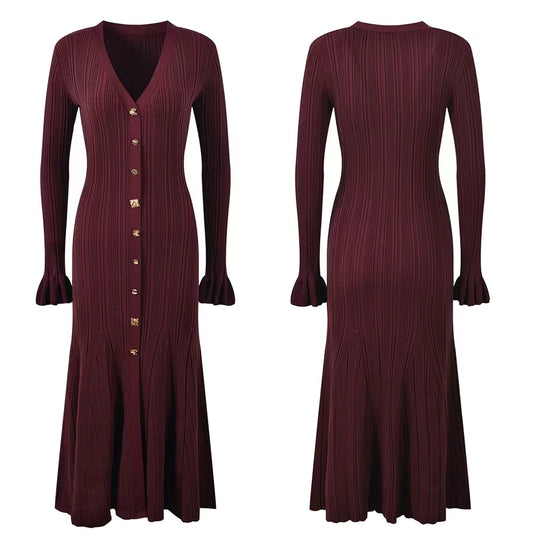 Elegant Evening Dress Women V Neck Long Sleeve Patchwork Button Pleated Sweater Dresses 2024 Autumn Winter Knit Maxi Dress