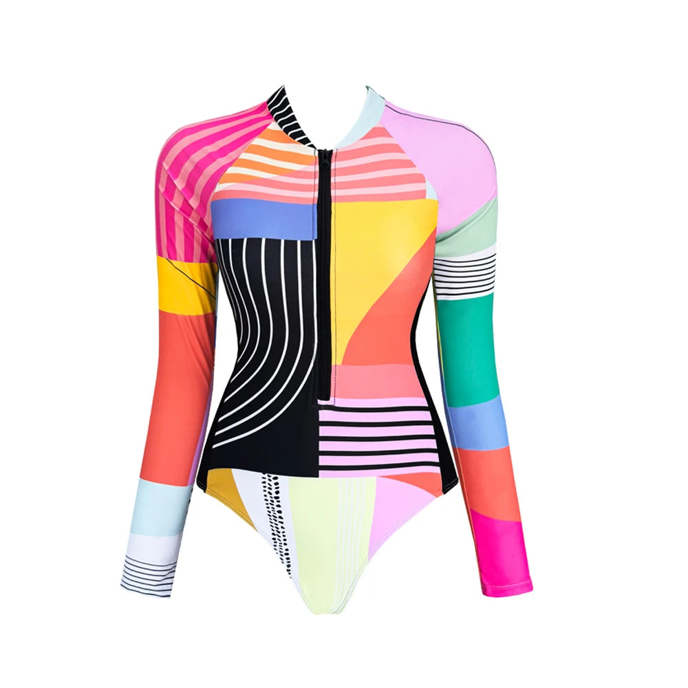 Long Sleeve Swimwear Women Surfing Zipper Swimsuit Beach Print Beach Beachwear Summer Bathing Suit Swimwear