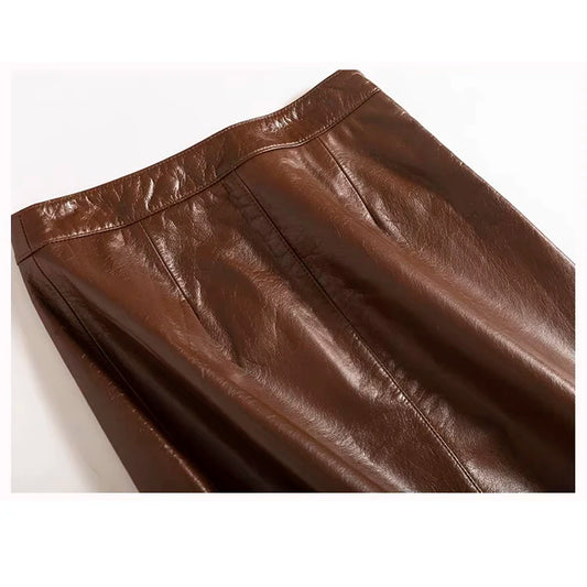 Genuine Leather Calfskin Women Skirt Waist Chain 2024 Spring South Korean Fashion High Waist Buttons Retro A-line Knee-Length