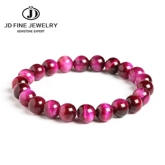 JD Natural Fuchsia Tiger Eye Stone Minerals Round Loose Beads Jewelry Good Lucky Elastic Bracelet New Year Gift