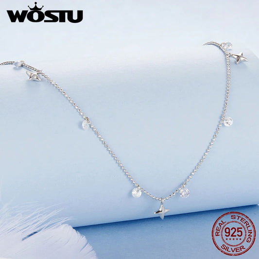 WOSTU 925 Sterling Silver Star Tassel Chain Necklace For Women AAA Zircon Wedding Stackable Necklace Fine Choker Jewelry Gift