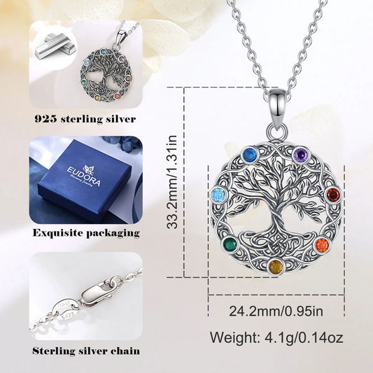 Eudora Original 925 Sterling Silver Tree of Life Necklace for Women Man 7 Color Chakra Pendant Tree Jewelry Mom Grandma Gifts