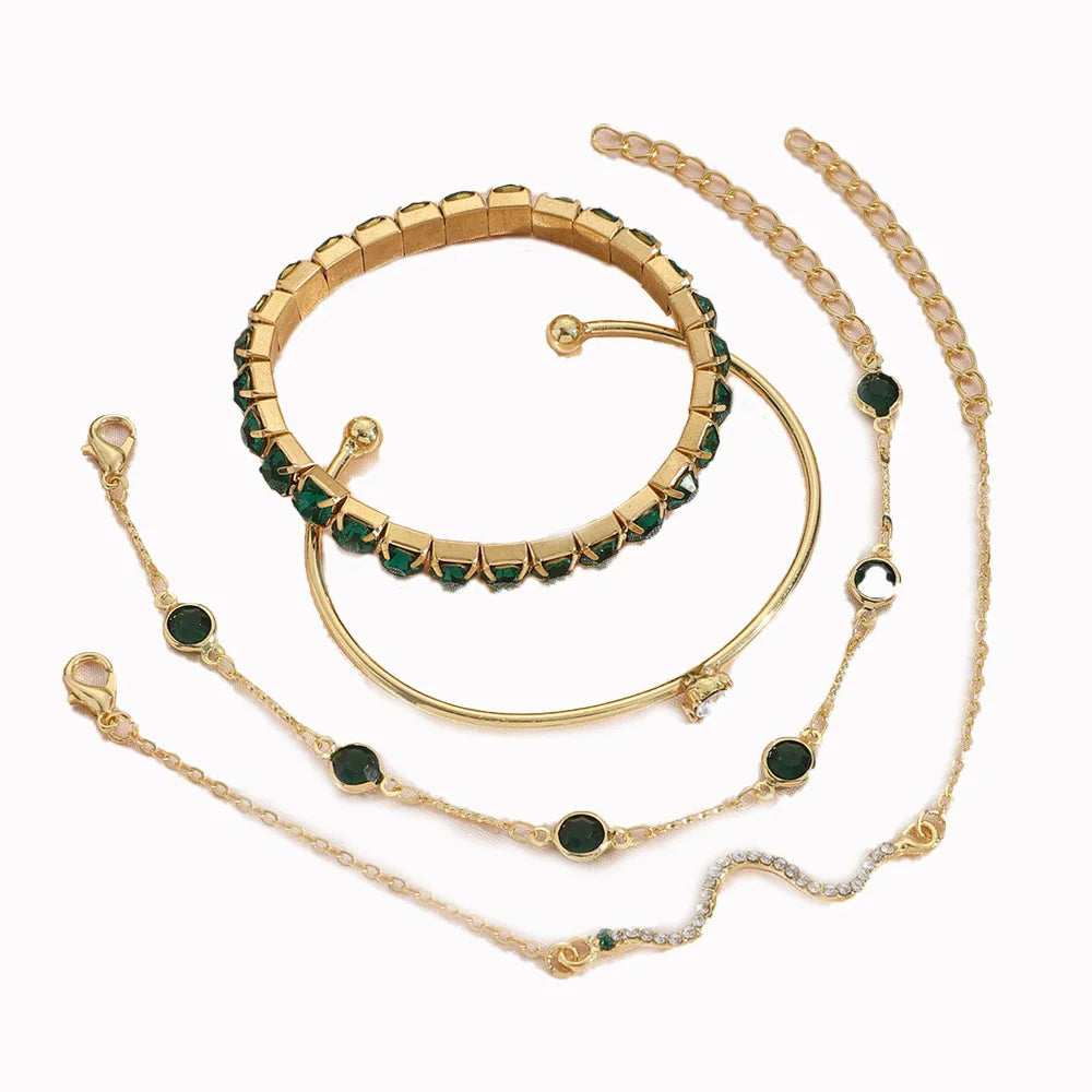 4Pcs/Set Fashion Snake Green Gemstone Bangle Rhinestone Full Metal Bracelet For Women Birthday Party Gift Jewerly