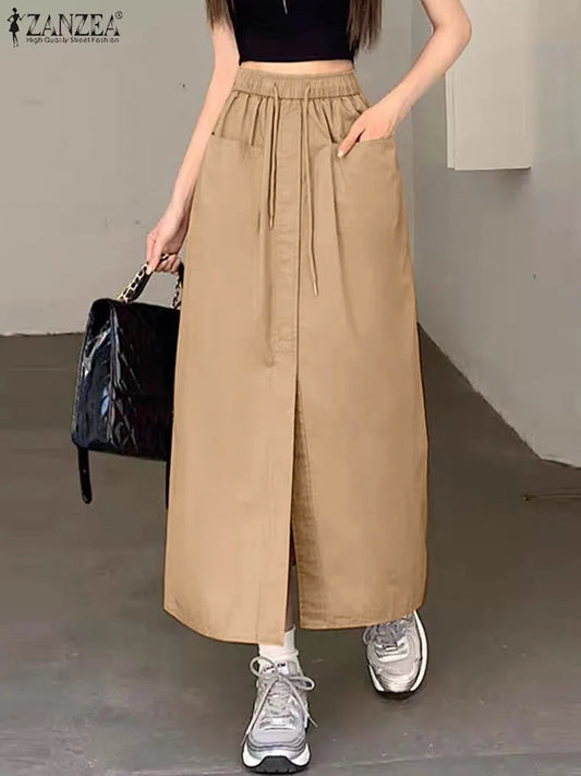 ZANZEA Fashion Women Autumn High Waist Skirts Solid Long Jupes Elegant OL Work Faldas Saia Stylish Holiday Midi Skirt Streetwear