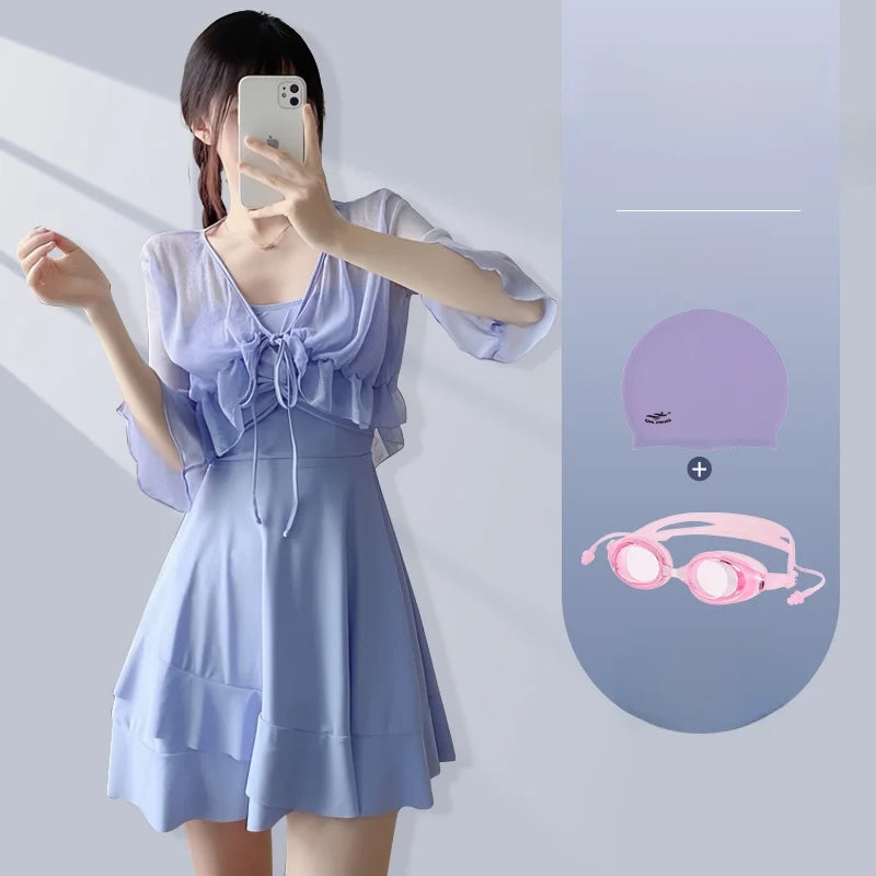 Women's High-End Bikini Tee-Piece Set Skirt Sle Faionable Thermal Spa Swimsuit Meat Covering Slimming Beachwear