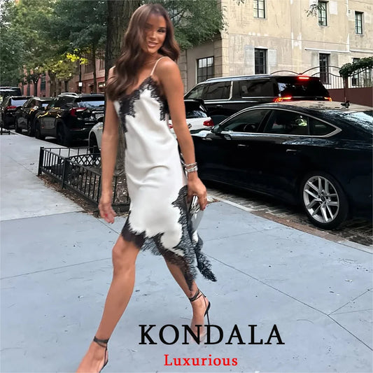 KONDALA Satin Sexy Lace Spliced Short Sling Dress Women Sleeveless Backless Asymmetric Sexy Party Dresses 2025 Autumn Lady Dress